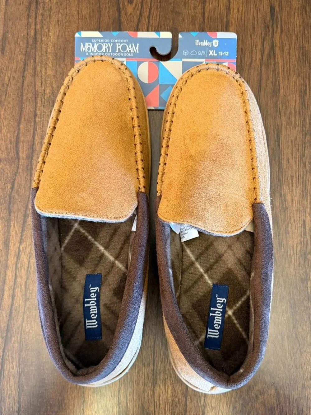 NWT Men's Wembley Camel Brown Suede Moccasin Slippers Memory Foam, Size XL 11-12